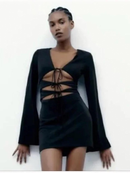Zara Dresses & Skirts - Zara Black Long - Flare Sleeve Mini Stretch Cut Out Dress Size XS